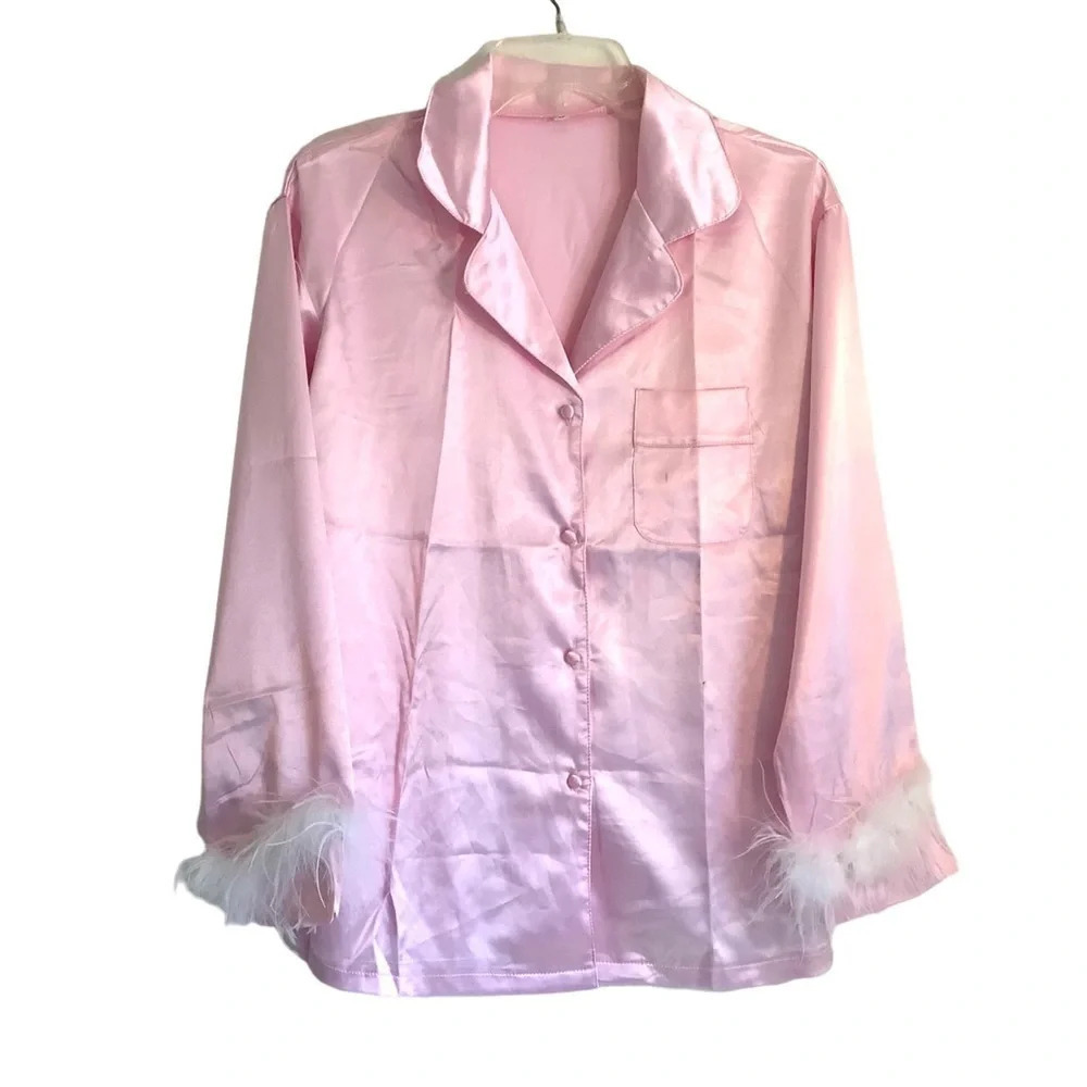 Barbiecore Pajama Top Sz M‎ Pink Feathers Halloween Satin Coquette
